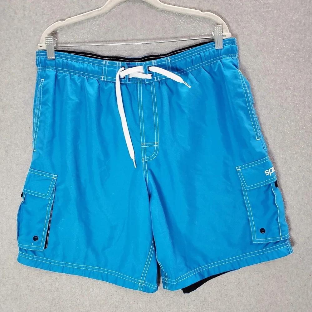 Speedo Men Swimwear Medium Blue Trunks Pockets Drawstring High Rise 8 in Inseam‎